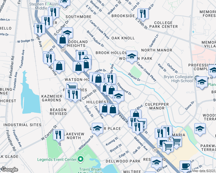 map of restaurants, bars, coffee shops, grocery stores, and more near 1903 Texas Avenue in Bryan