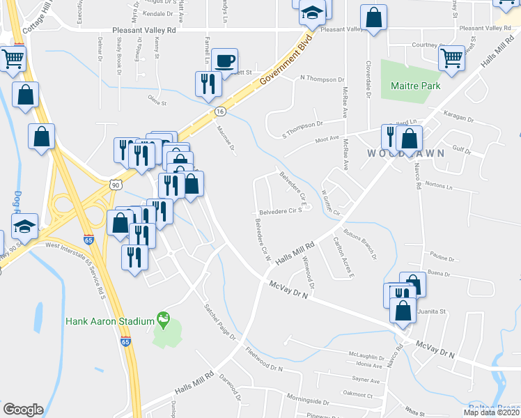 map of restaurants, bars, coffee shops, grocery stores, and more near 1013 Belvedere Circle West in Mobile