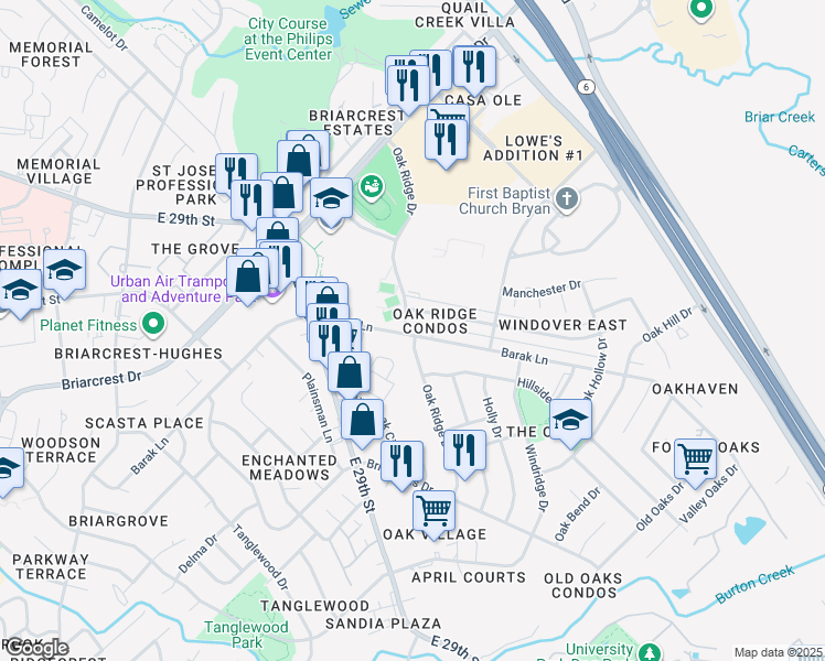map of restaurants, bars, coffee shops, grocery stores, and more near 20 Windsor Drive in Bryan