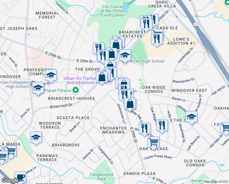 map of restaurants, bars, coffee shops, grocery stores, and more near 1730 Barak Lane in Bryan