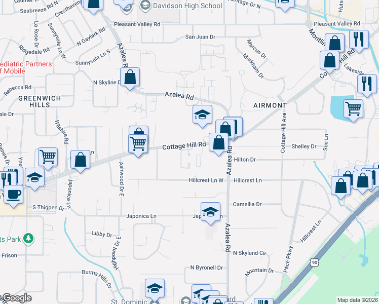 map of restaurants, bars, coffee shops, grocery stores, and more near 4017 Cottage Hill Road in Mobile