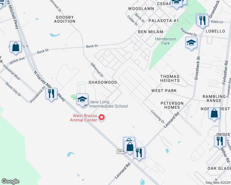 map of restaurants, bars, coffee shops, grocery stores, and more near 505 Silkwood Drive in Bryan
