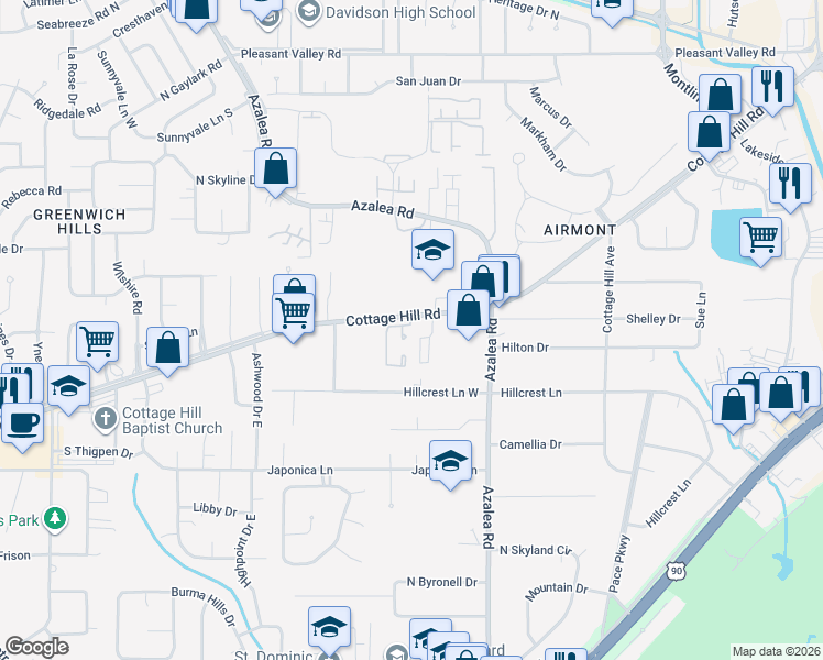 map of restaurants, bars, coffee shops, grocery stores, and more near 3995 Cottage Hill Road in Mobile
