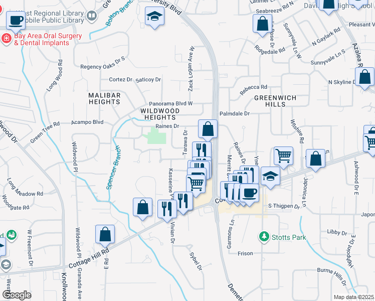 map of restaurants, bars, coffee shops, grocery stores, and more near 4300 South Momote Drive in Mobile