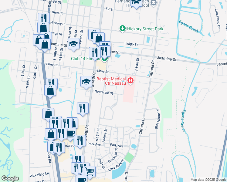 map of restaurants, bars, coffee shops, grocery stores, and more near 1601 Nectarine Street in Fernandina Beach