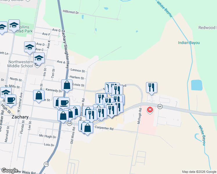 map of restaurants, bars, coffee shops, grocery stores, and more near 5647 Main Street in Zachary