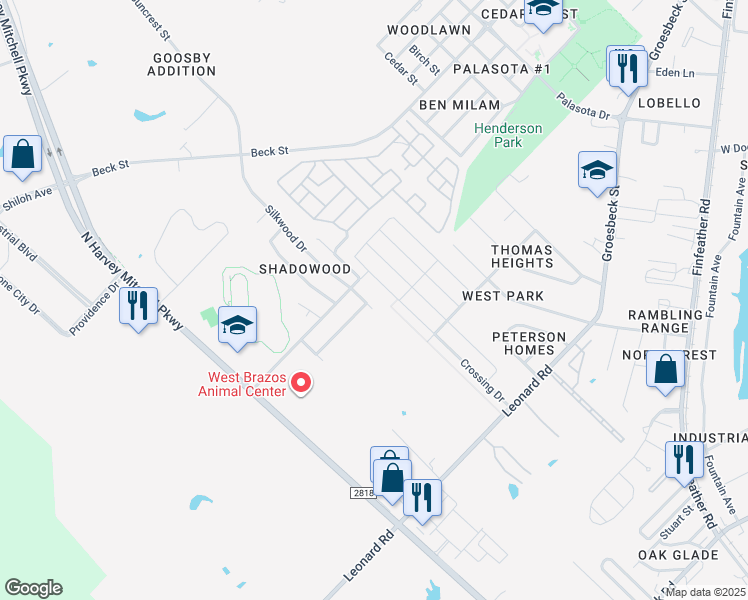map of restaurants, bars, coffee shops, grocery stores, and more near 505 Silkwood Drive in Bryan