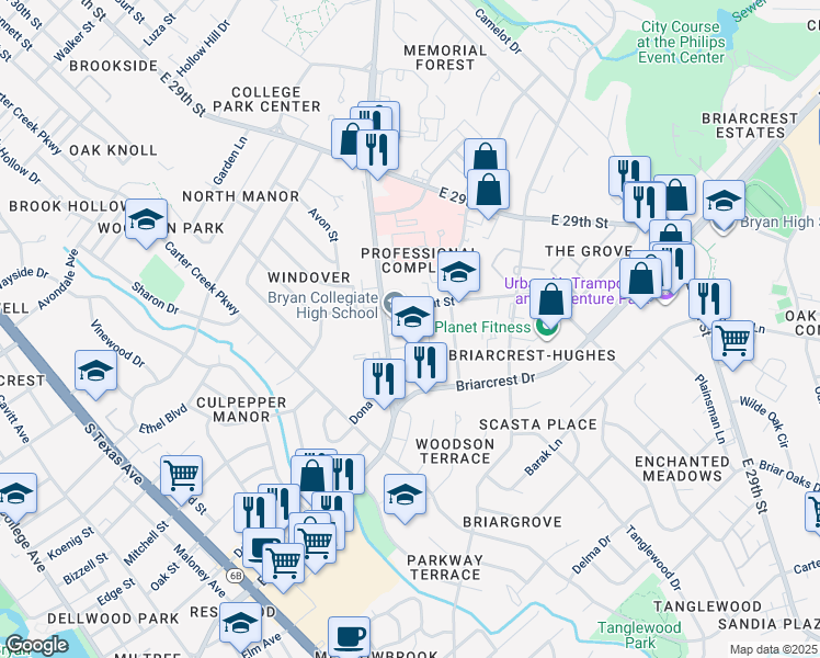 map of restaurants, bars, coffee shops, grocery stores, and more near 1901 East Villa Maria Road in Bryan