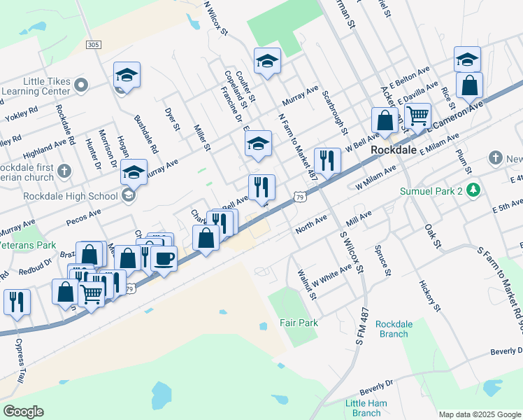 map of restaurants, bars, coffee shops, grocery stores, and more near 205 Bowser Street in Rockdale