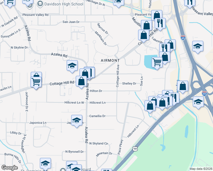 map of restaurants, bars, coffee shops, grocery stores, and more near 3871 Shelly Drive in Mobile