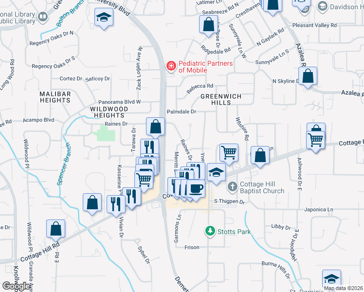 map of restaurants, bars, coffee shops, grocery stores, and more near 700 Raines Drive in Mobile