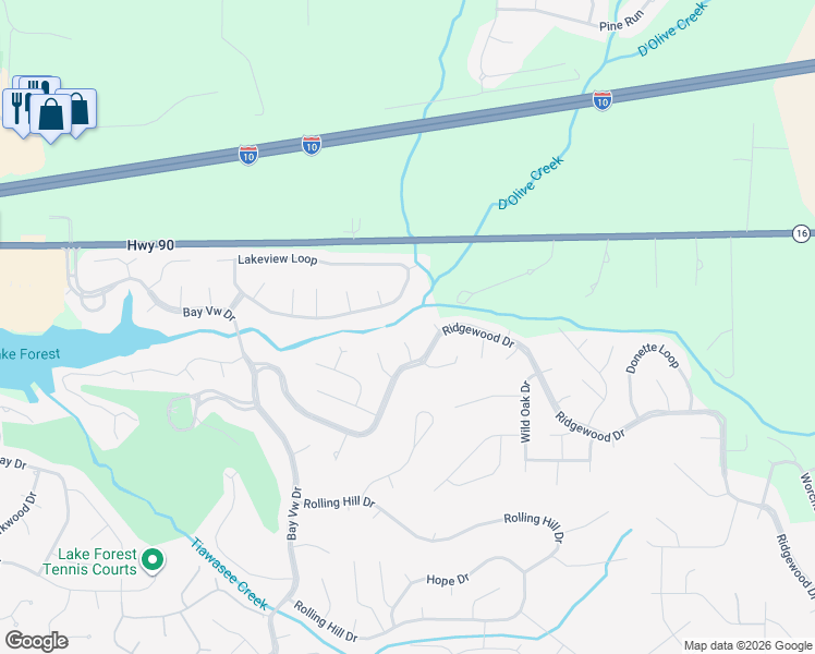 map of restaurants, bars, coffee shops, grocery stores, and more near 106 Mellattau Circle in Daphne