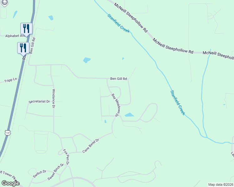 map of restaurants, bars, coffee shops, grocery stores, and more near Bay Meadows Drive in Carriere