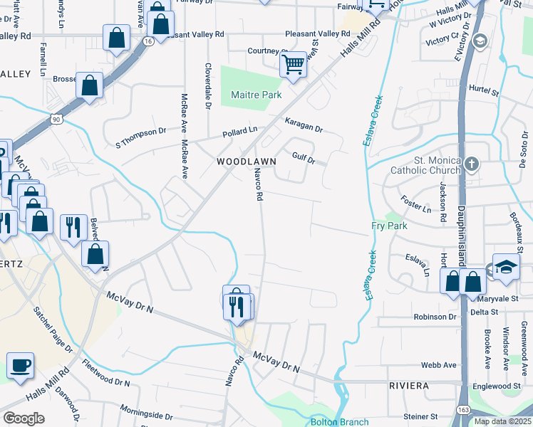 map of restaurants, bars, coffee shops, grocery stores, and more near 957 Navco Road in Mobile
