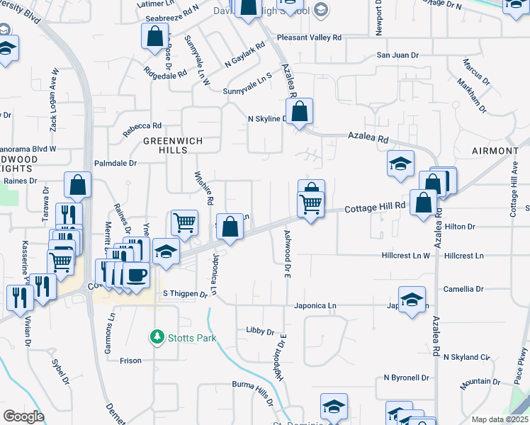 map of restaurants, bars, coffee shops, grocery stores, and more near 724 Oak Hill Road in Mobile