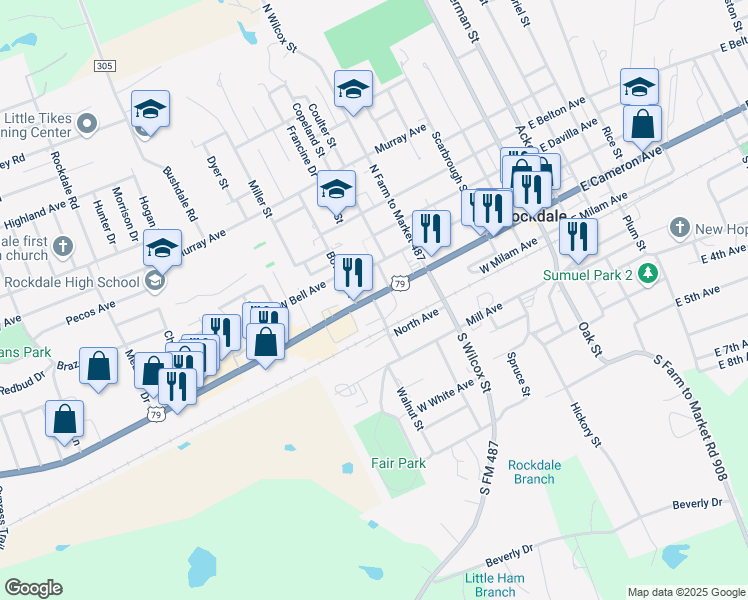 map of restaurants, bars, coffee shops, grocery stores, and more near 607 West Cameron Avenue in Rockdale