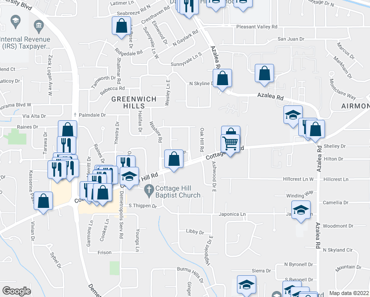 map of restaurants, bars, coffee shops, grocery stores, and more near 716 Deauville Drive in Mobile