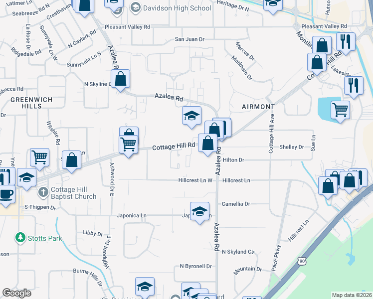 map of restaurants, bars, coffee shops, grocery stores, and more near 3995 Cottage Hill Rd in Mobile