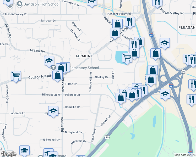 map of restaurants, bars, coffee shops, grocery stores, and more near 3829 Shelly Drive in Mobile