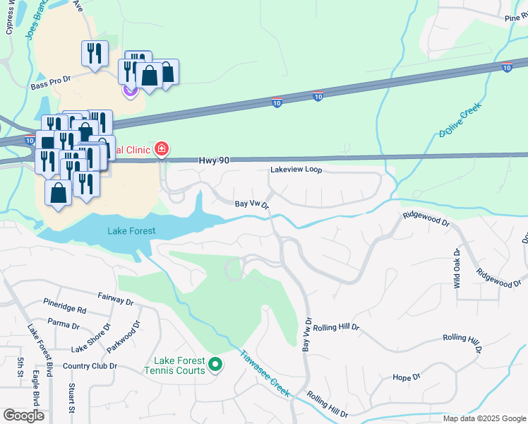 map of restaurants, bars, coffee shops, grocery stores, and more near 154 Bayview Drive in Daphne