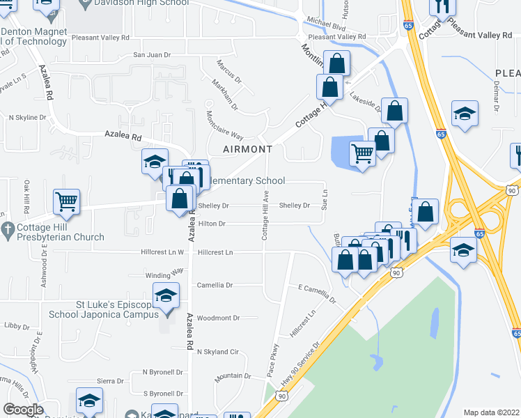 map of restaurants, bars, coffee shops, grocery stores, and more near 3851 Shelly Drive in Mobile