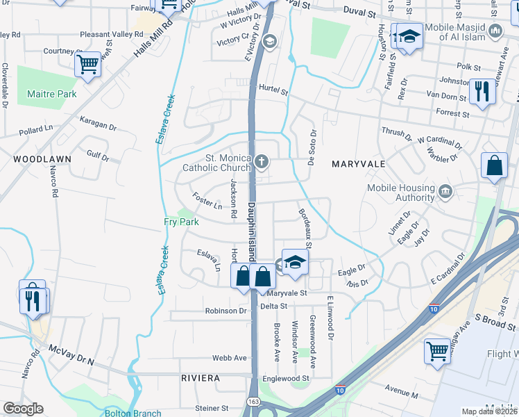 map of restaurants, bars, coffee shops, grocery stores, and more near 1159 Dauphin Island Parkway in Mobile
