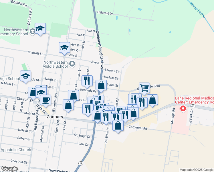 map of restaurants, bars, coffee shops, grocery stores, and more near 5210 Saint Louis Street in Zachary