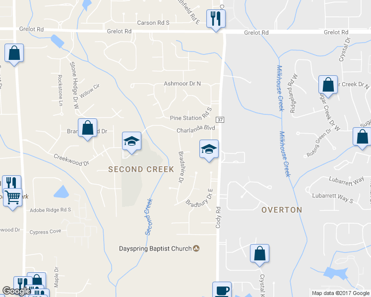 map of restaurants, bars, coffee shops, grocery stores, and more near 7210 Bradshaw Court in Mobile
