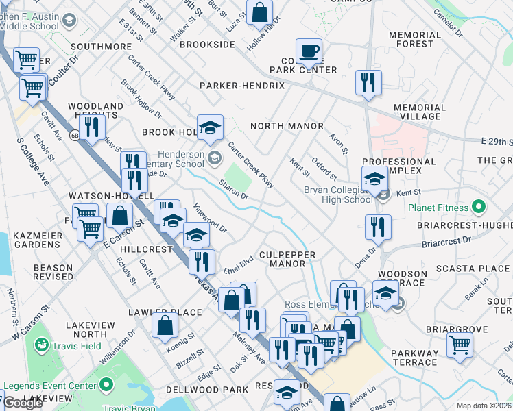map of restaurants, bars, coffee shops, grocery stores, and more near 2100 Sharon Drive in Bryan
