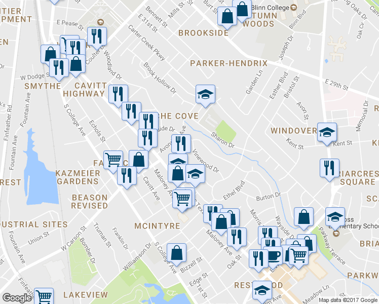 map of restaurants, bars, coffee shops, grocery stores, and more near 1916 Vinewood Dr in Bryan