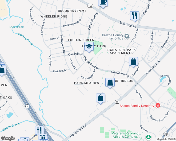 map of restaurants, bars, coffee shops, grocery stores, and more near 4909 Fairfield Court in Bryan
