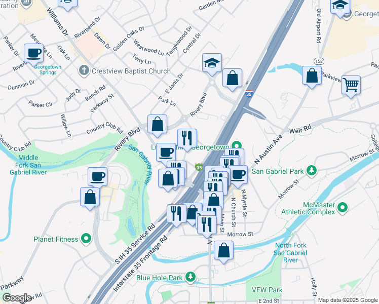 map of restaurants, bars, coffee shops, grocery stores, and more near 1507 Park Lane in Georgetown