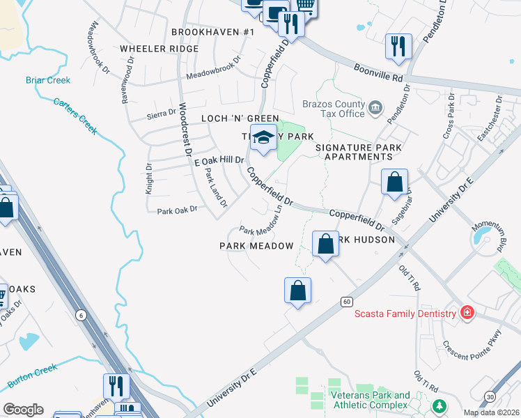 map of restaurants, bars, coffee shops, grocery stores, and more near 4909 Fairfield Court in Bryan