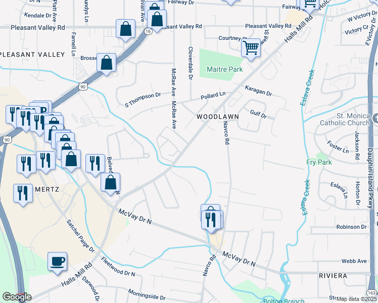 map of restaurants, bars, coffee shops, grocery stores, and more near 2657 Halls Mill Road in Mobile