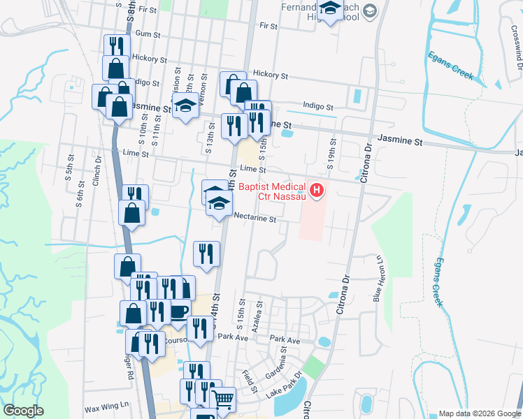 map of restaurants, bars, coffee shops, grocery stores, and more near 1601 Nectarine Street in Fernandina Beach