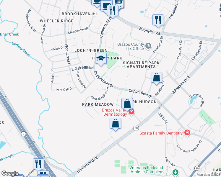 map of restaurants, bars, coffee shops, grocery stores, and more near 3814 Park Meadow Lane in Bryan