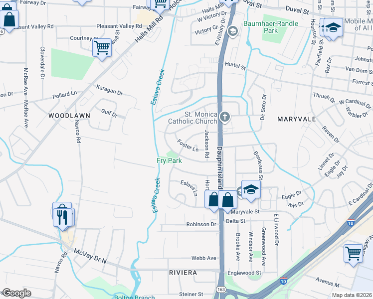 map of restaurants, bars, coffee shops, grocery stores, and more near 2065 Foster Lane in Mobile
