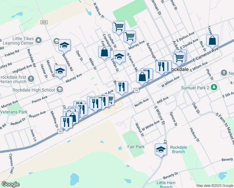 map of restaurants, bars, coffee shops, grocery stores, and more near 205 Bowser Street in Rockdale