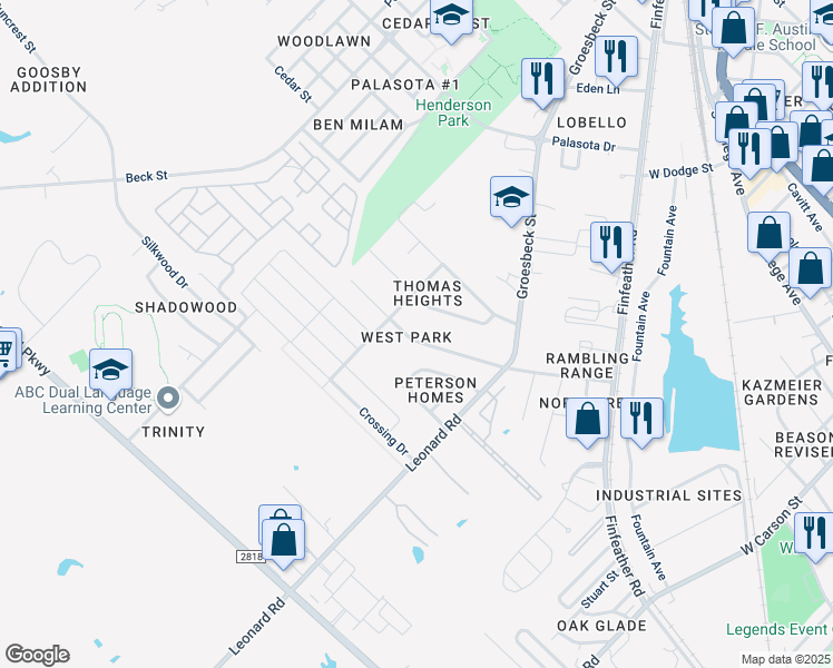 map of restaurants, bars, coffee shops, grocery stores, and more near 1108 Bittle Lane in Bryan