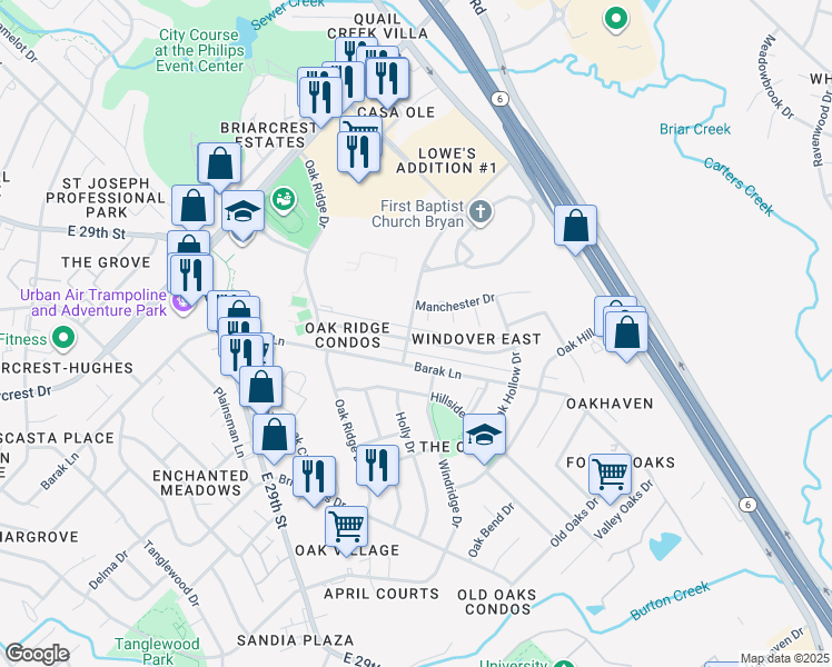 map of restaurants, bars, coffee shops, grocery stores, and more near 2301 Windsor Drive in Bryan