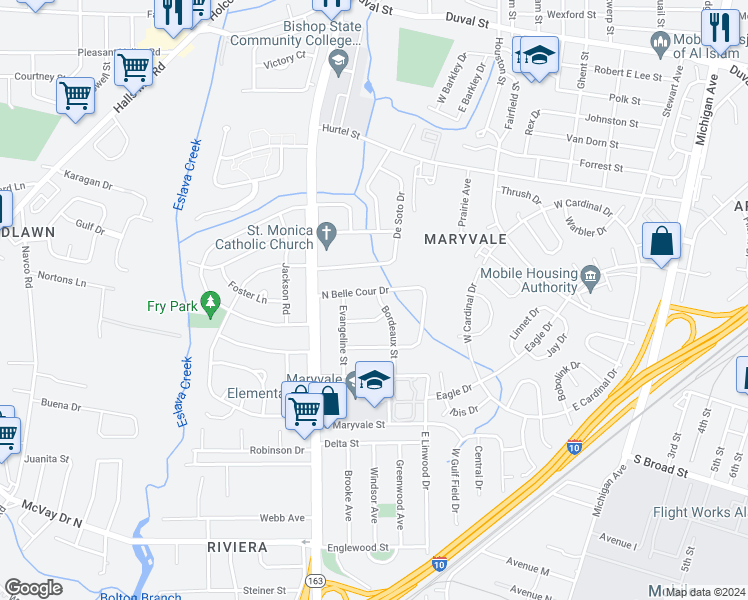 map of restaurants, bars, coffee shops, grocery stores, and more near 1150 Bordeaux Street in Mobile
