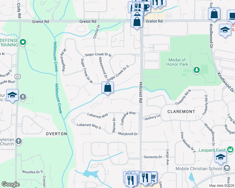 map of restaurants, bars, coffee shops, grocery stores, and more near 6442-6448 Canebrake Rd in Mobile