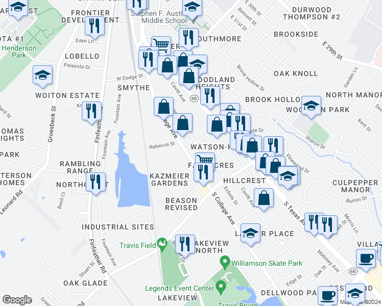 map of restaurants, bars, coffee shops, grocery stores, and more near 1803 South College Avenue in Bryan