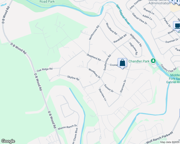 map of restaurants, bars, coffee shops, grocery stores, and more near 601 Woodway Drive in Georgetown