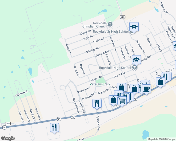 map of restaurants, bars, coffee shops, grocery stores, and more near 705 Enfield Drive in Rockdale