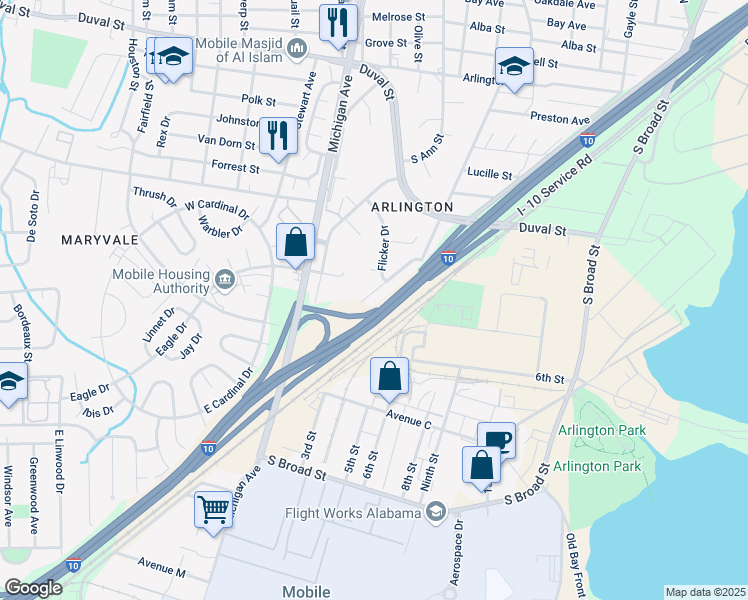 map of restaurants, bars, coffee shops, grocery stores, and more near 1309 Dabney Drive in Mobile
