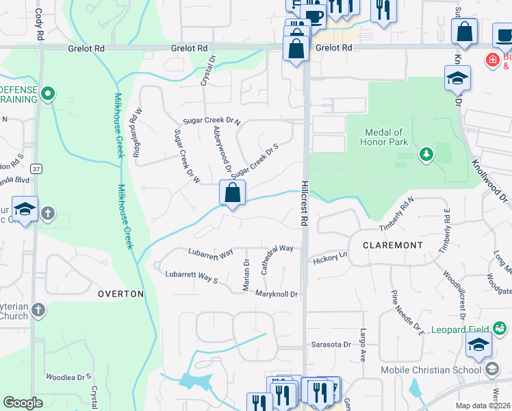 map of restaurants, bars, coffee shops, grocery stores, and more near 6442 Canebrake Road in Mobile