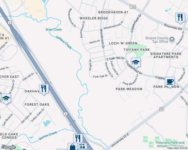 map of restaurants, bars, coffee shops, grocery stores, and more near 3609 Park Oak Drive in Bryan