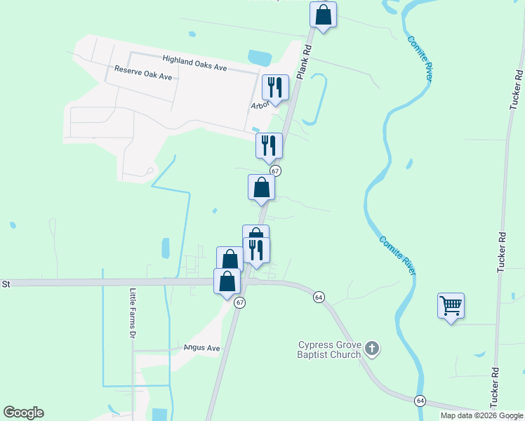 map of restaurants, bars, coffee shops, grocery stores, and more near 20411 Plank Road in Zachary