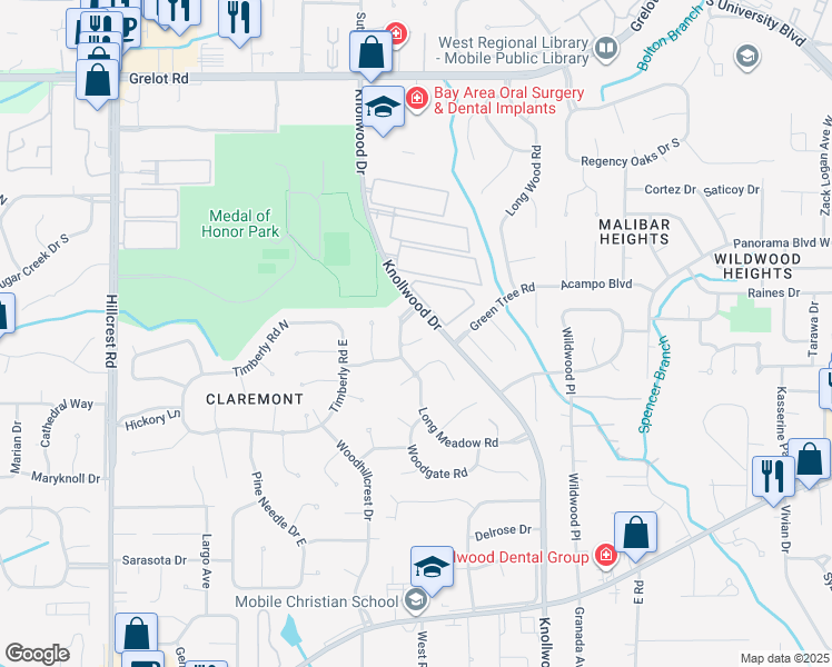 map of restaurants, bars, coffee shops, grocery stores, and more near 5808 Holly Hill Court in Mobile